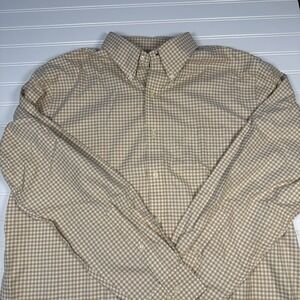 Lands' End Button Up Shirt Men's Large 16-16.5‎ Tan And White Checked GUC
